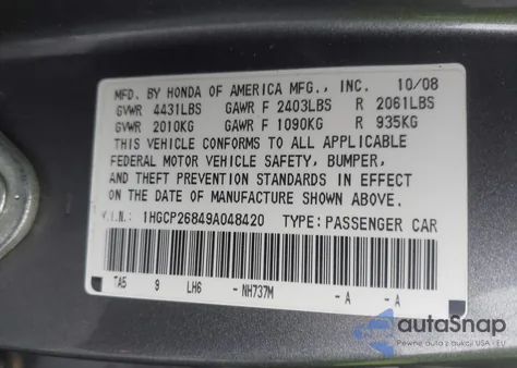 2009 Honda Accord 2.4 Ex-L from USA, damaged, VIN 1HGCP26849A048420